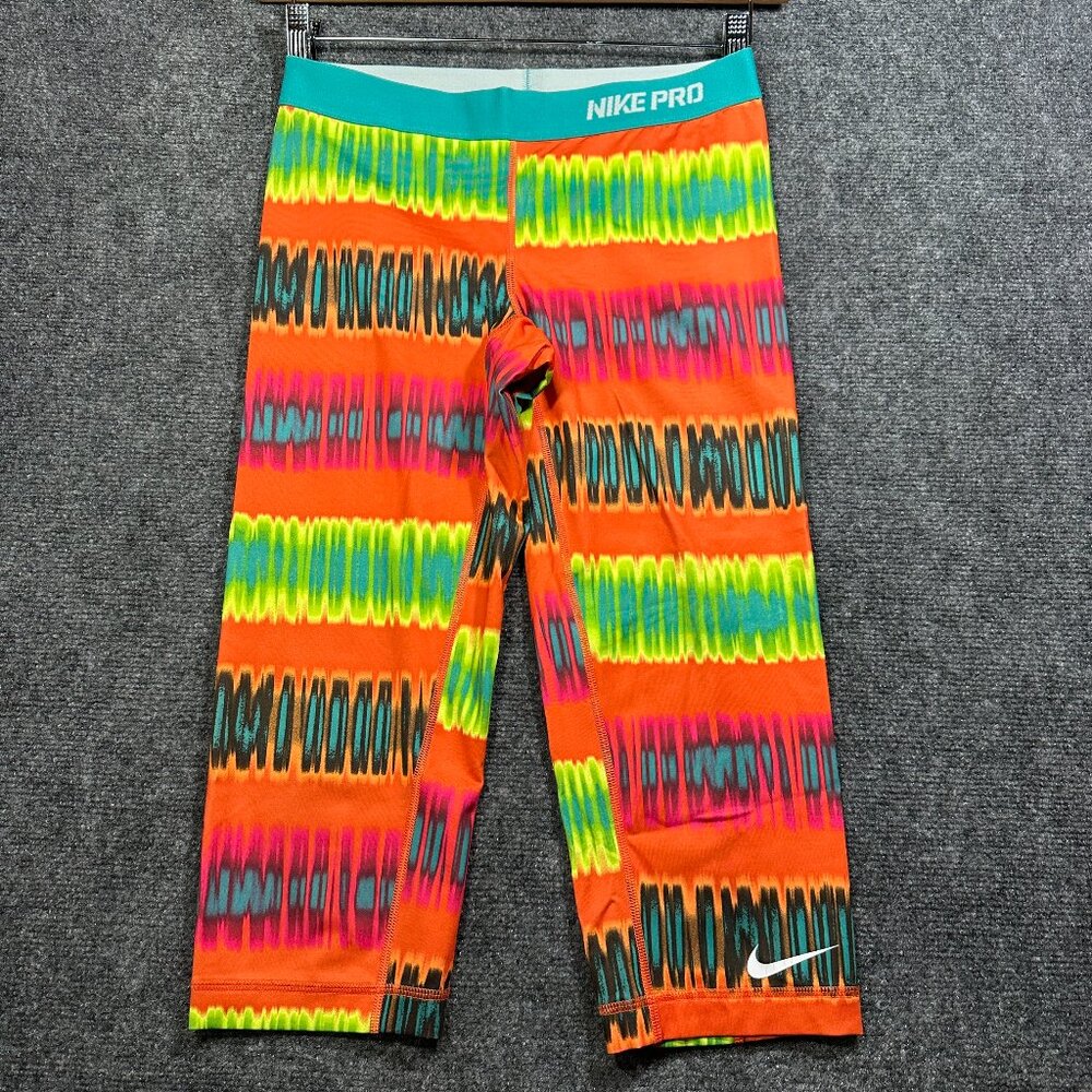 Nike Pro Pants Womens Medium Orange Stripe Stretch Compression Yoga Run Crop